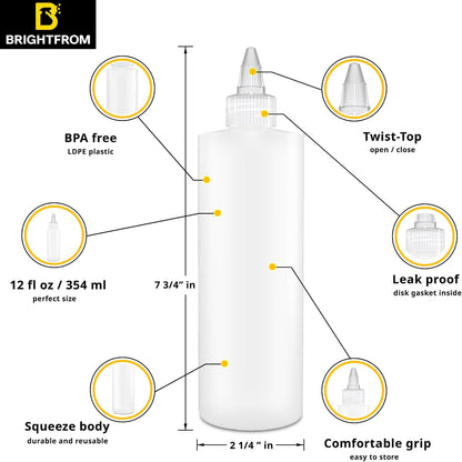 12 OZ 2 PACK BRIGHTFROM Condiment Squeeze Bottles, Empty Squirt Bottles, Clear Twist Top Cap, Leak Proof - Great