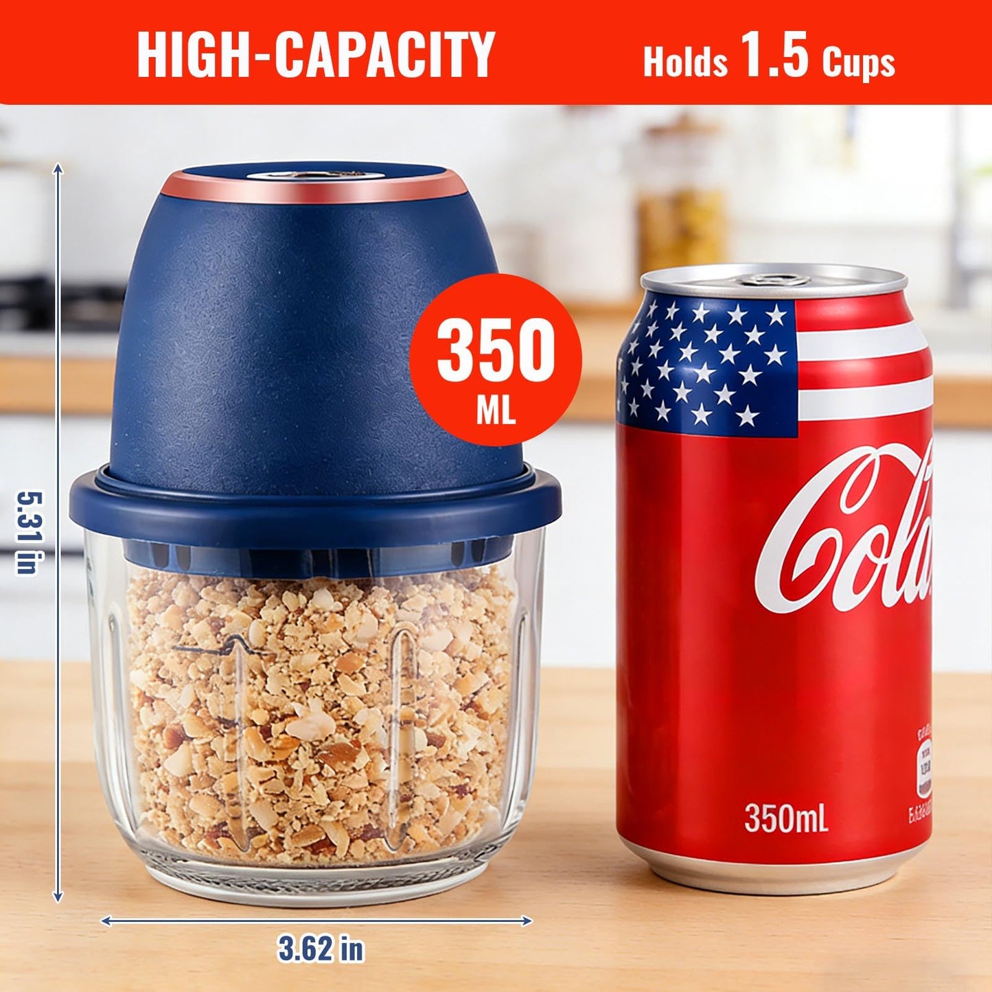 Electric Garlic Chopper 350ml, Powerful Portable Mini Food Processor, 1 Head 6 Blades, 1200mAh USB Rechargeable One-Touch Mincer for Garlic, Onion & Herbs, Auto Shut-Off, Noise-Reducing Base(Blue)