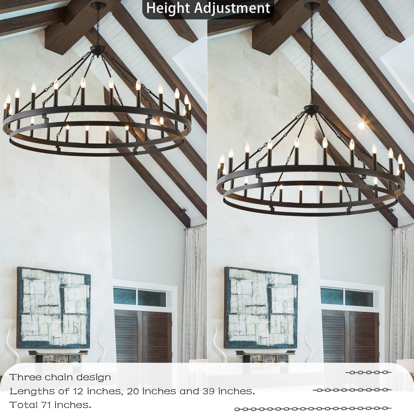 JKLX 53 inch Large Black Wagon Wheel Chandelier,Farmhouse Industrial Country Style Round Pendant Light Fixture,Round Ceiling Light fixtures for Outdoor Porch high Ceilings Living Foyer Entryway