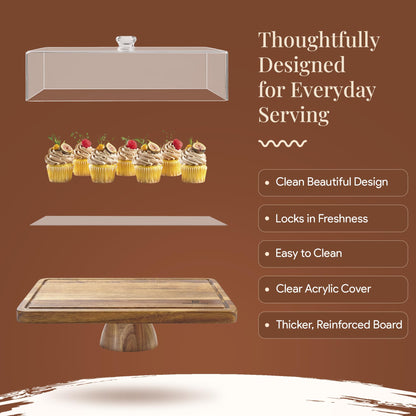 HOMESPHERE Acacia Wood Cake Stand with Lid - Rectangular Cake Holder, 2-in-1 Dessert Table Display Set & Charcuterie Board for Cheese, Chips, Fruit Platter, Large Acrylic Cake Dome Cover, No Glass