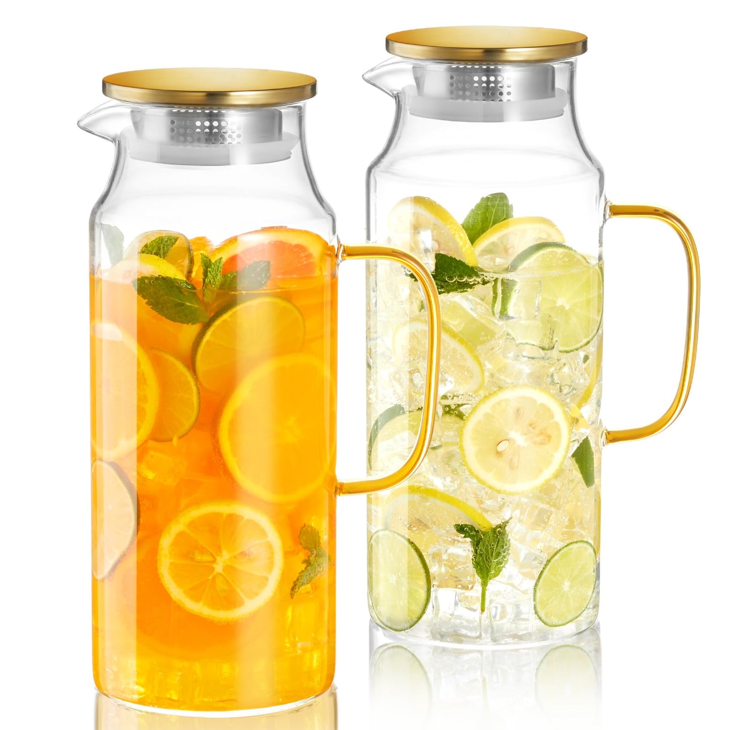 CMLKLZD 2 Pack 2 Liter 68 oz Glass Pitcher with Lid and Handle, Gold Glass Carafe for Fridge, Water Pitcher for Hot/Cold Water, Large Jug for Iced Tea, Coffee, Juice and Homemade Beverage