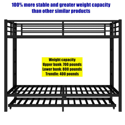 TIHWOALL Upgraded & Stronger Heavy Duty Metal Queen over Queen Bunk Bed with Twin Size Trundle, More Stable Safer Thickened Bunkbeds (Greater Weight Capacity) (Queen over Queen Bunk with Twin Trundle)