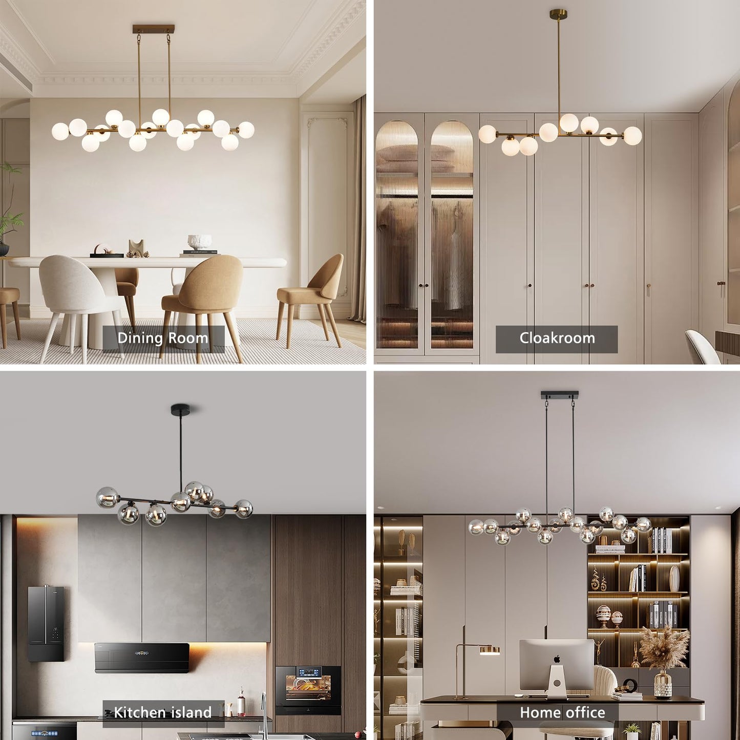 Besytal 55" Brass Linear Chandelier, 16 Lights Mid Century Modern Sputnik Chandelier, Large Pendant Lights Kitchen Island with White Glass Lampshade, Bubble Chandelier for Kitchen Over Table - Gold