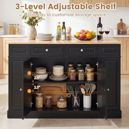 Giantex Kitchen Island with Storage & Drop Leaf, 48" Stationary Island Table with Rubber Wood Top, 2 Drawers, Cabinet, Adjustable Shelf, Butcher Block Island for Living Dining Room, Bar (Black)