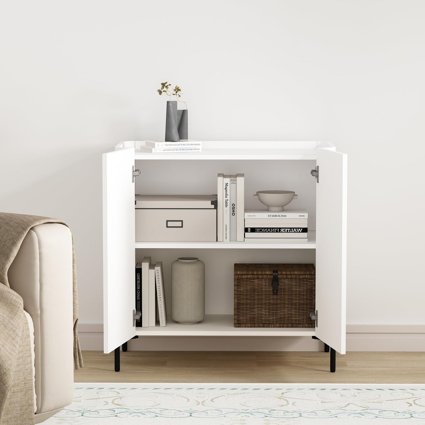 Manhattan Comfort Abbey Accent Cabinet with Doors, Tray Top Design and Adjustable Shelves, Sleek Modern Storage Furniture for Dining Area, Living Room Entryway, White