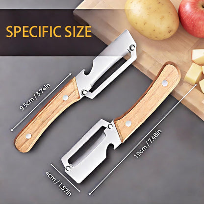2 Pack Multifunctional Vegetable Peeler with Bottle Opener, Wooden Handle Stainless Steel Potato Fruit Peeler, Ergonomic Non-Slip Kitchen Gadget for Camping BBQ