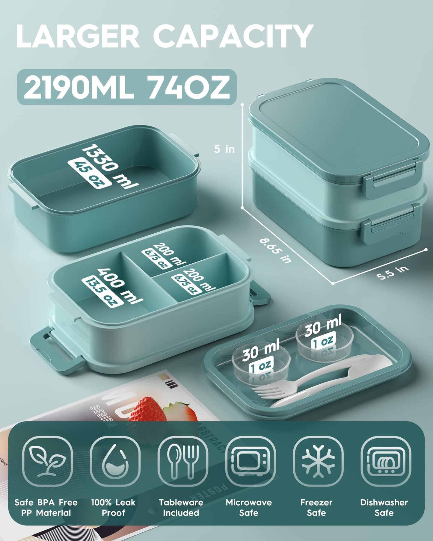 KEMETHY Adults Bento Lunch Box Set with Thermo Bag, 74oz Stackable Leak-proof 3-tiers Bento Box, Built-in Utensil and Sauce Container for Work, School, Dining Out (Green)