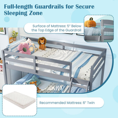 Giantex Twin Over Full Bunk Bed, Solid Wood Kids Bunk Bed with Full-Length Guardrails & Ladder, Low Bunk Beds with Slats Support for Kids, Teens, No Box Spring Needed, Grey