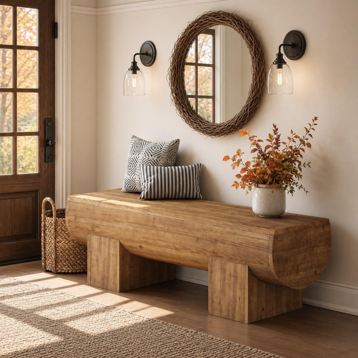 TRIBEWOOD 47 Inch Wooden Entryway Bench, Solid Wood End of Bed Bench Seat, Farmhouse Indoor Bench for Bedroom, Hallway, Living Room, Brown