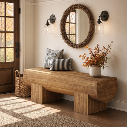 TRIBEWOOD 47 Inch Wooden Entryway Bench, Solid Wood End of Bed Bench Seat, Farmhouse Indoor Bench for Bedroom, Hallway, Living Room, Brown