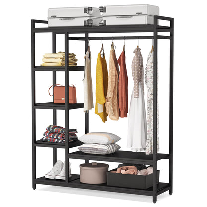LITTLE TREE Free Standing Wood Closet Clothes Rack,Heavy Duty Grament Rack with Shelves,Hanging Racks for Clothes Clothing Rack for Bedrom,Wardrobe Closet Organizer,350 lb Capacity,Black
