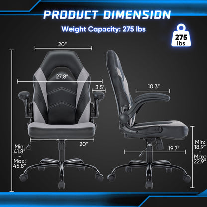 DUMOS Computer Game Desk Chair - Ergonomic PU Leather Lumbar Support, Height Adjustable High Back Video Game with Flip-up Armrest, Rolling Swivel for Adults, Grey
