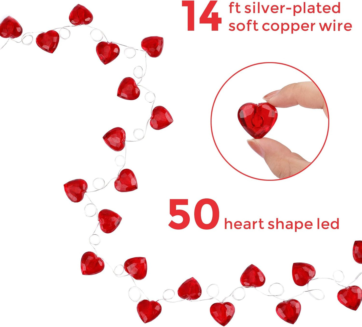 Luditek 50 LED Diamond Cut Red Heart Twinkle Fairy String Lights, 8 Lighting Modes with Timer for Valentines Weddings