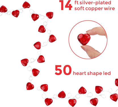 Luditek 50 LED Diamond Cut Red Heart Twinkle Fairy String Lights, 8 Lighting Modes with Timer for Valentines Weddings