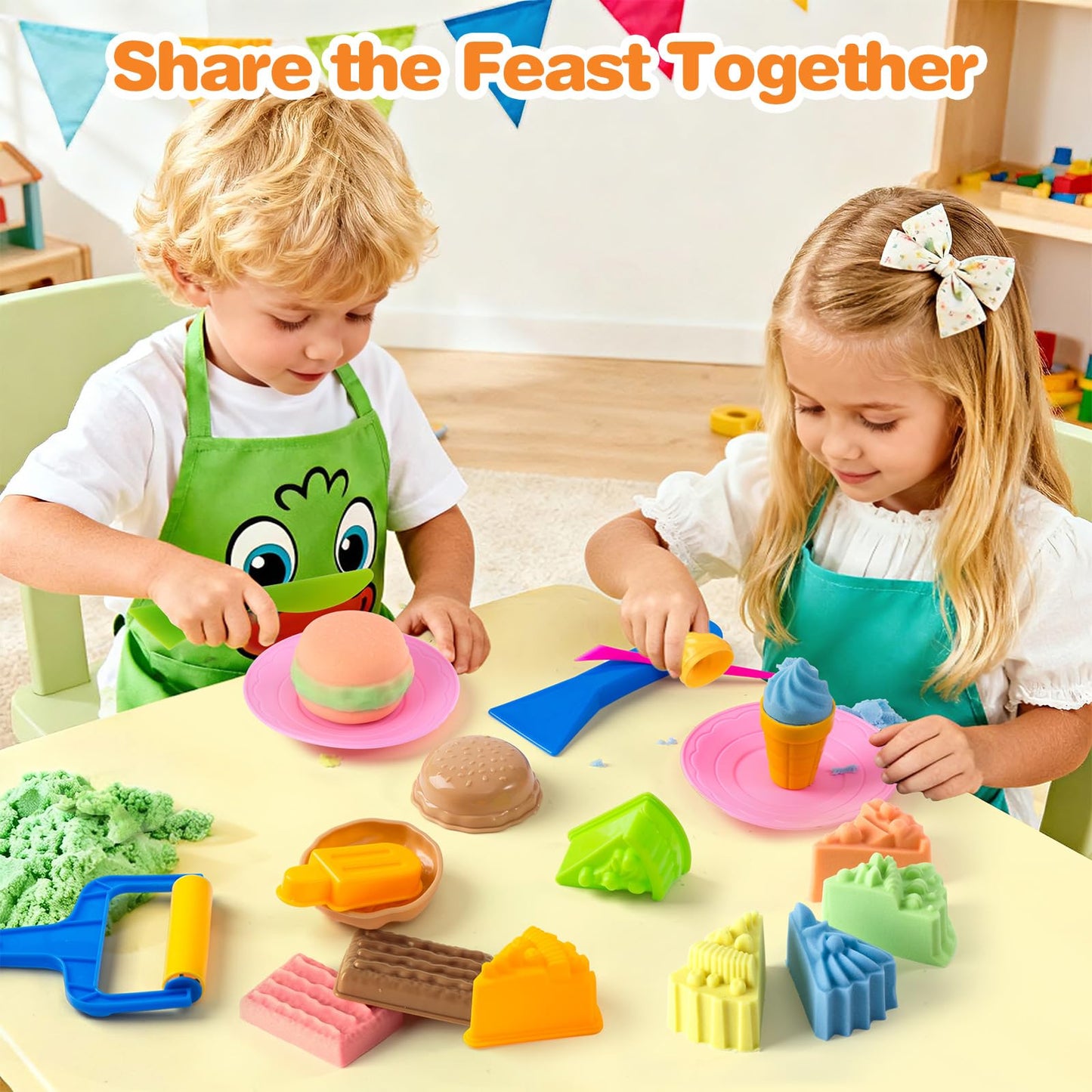 Crelloci Food Theme Magic Play Sand Kit for Kids – 2.2lb Sensory Play Sand with Burger, Hot Dog, Chips, Cake & Ice Lolly Moulds, Cutters, Roller, Fork & Spoon – Creative Sand Toys for Kids Age 3+