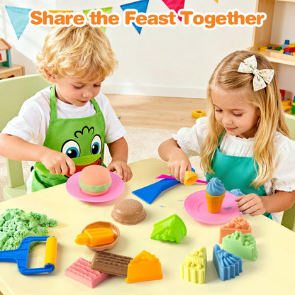 Crelloci Food Theme Magic Play Sand Kit for Kids – 2.2lb Sensory Play Sand with Burger, Hot Dog, Chips, Cake & Ice Lolly Moulds, Cutters, Roller, Fork & Spoon – Creative Sand Toys for Kids Age 3+