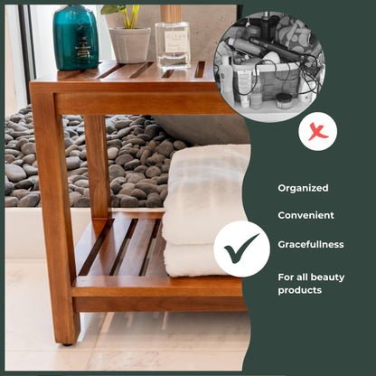 The Teaky Hut Teak Shower Bench 30 Inch – Fully Assembled Wooden Bench with Shelf, Water-Resistant, Non-Slip Adjustable Feet – Indoor Spa, Garden, or Bathroom Use