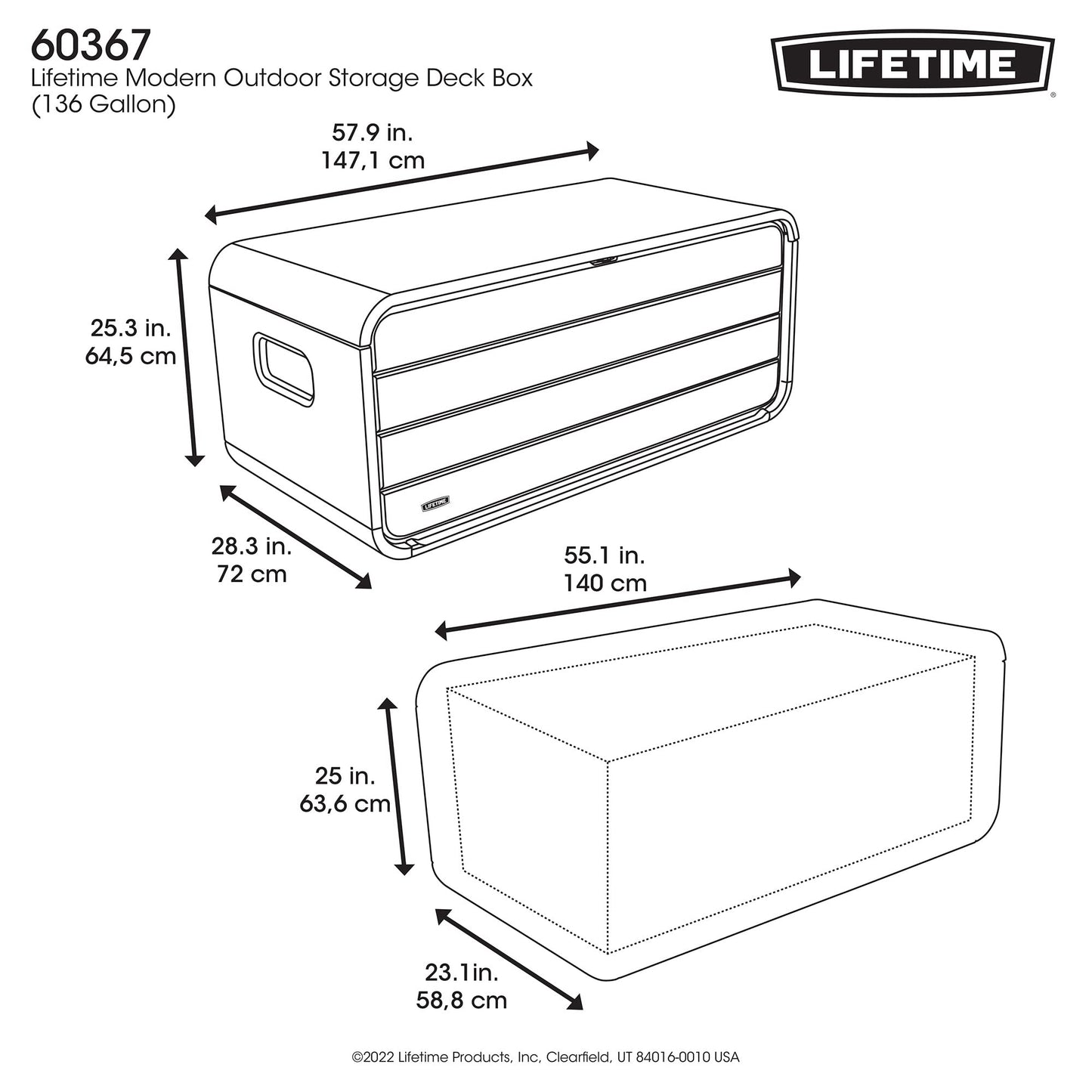 LIFETIME 136‑Gallon Modern Deck Box, Outdoor Storage Container, Weather‑Resistant, UV‑Protected, Lockable Lid