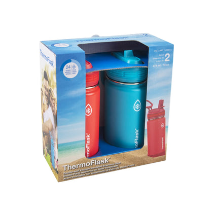 ThermoFlask Kids Bottle with Straw Lid - Durable & Dishwasher-Safe Water Bottles & Lids - Leak-Proof Bottle Lid Design - Reusable Water Bottles for Everyday Use - 16 oz, Red/Blue (2 Pack)