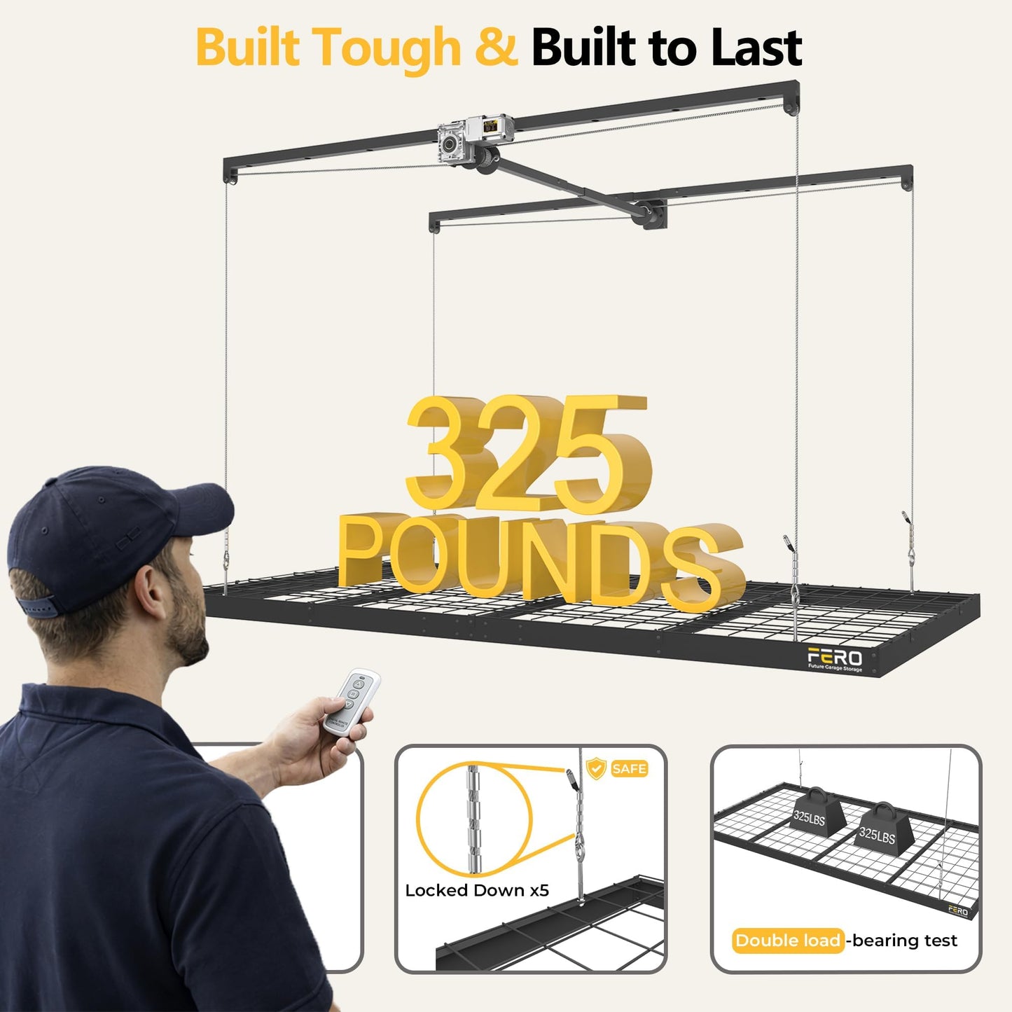 FERO Motorized Overhead Garage Storage Rack with Remote Control, Heavy-Duty Ceiling Mounted Organizer, 4x8 FT Ceiling Storage Lift System, Space-Saving Hanging Garage Shelves, 325 LBS Capacity