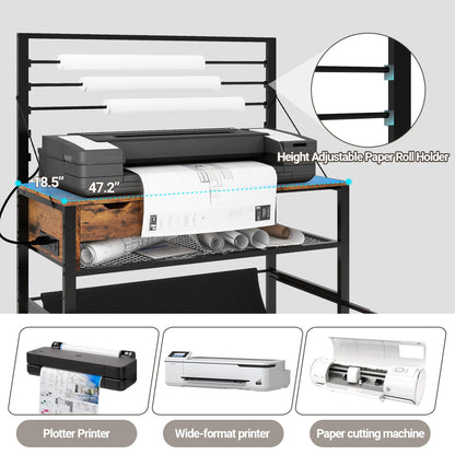 Natwind Wide Format Printer Stand, Plotter Workbench Table with Pull-Out Drafting Storage, Roll Paper Holder, Accessory Drawer, Adjustable Storage Shelf for Plotters and Cutting Machines (Retro)