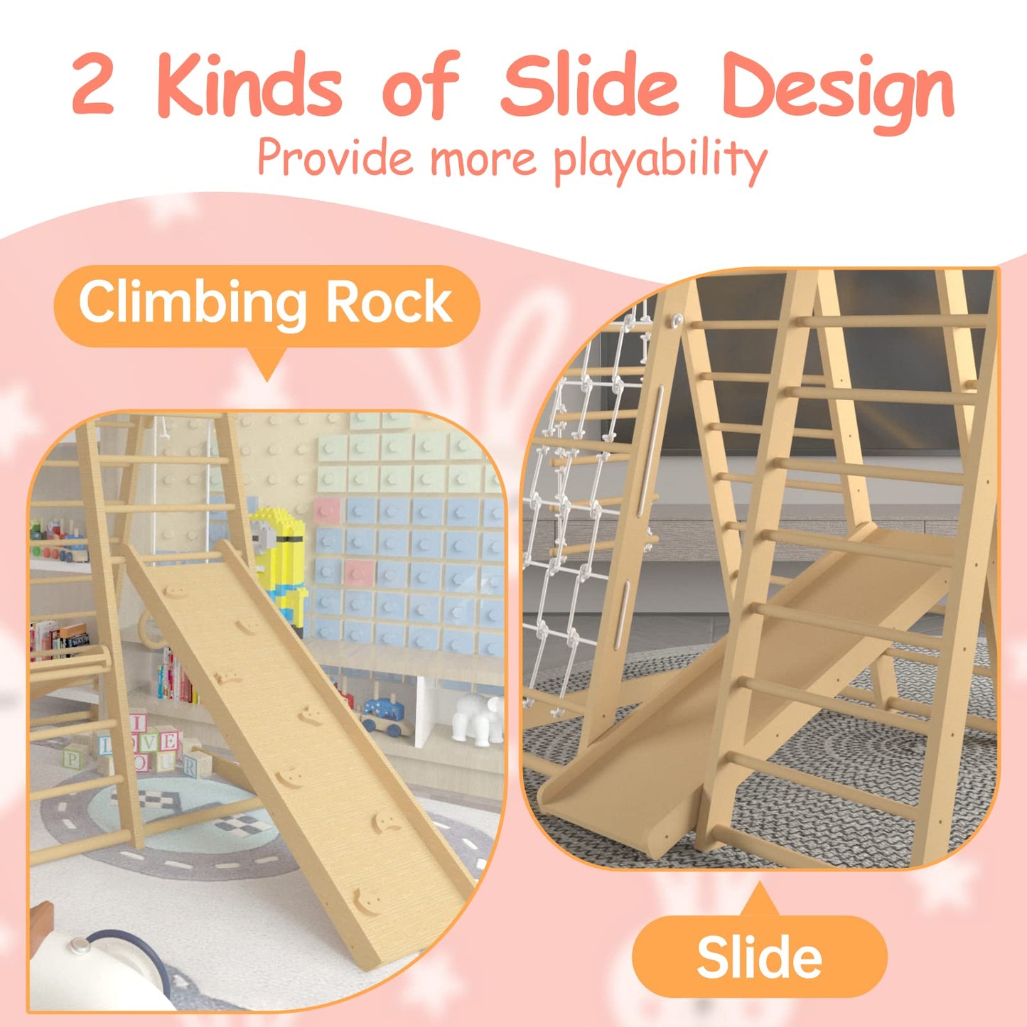 Toddler Jungle Gym, 66" Indoor Playground Set with Swing, Rock Climb Wall, Slide, Monkey Bars, Wood & Rope Ladder, Rope Wall Ladder for Kids 1-8yrs