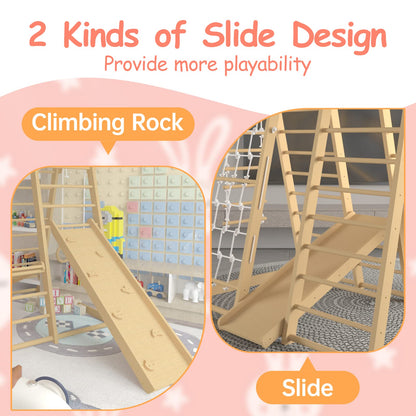 Toddler Jungle Gym, 66" Indoor Playground Set with Swing, Rock Climb Wall, Slide, Monkey Bars, Wood & Rope Ladder, Rope Wall Ladder for Kids 1-8yrs