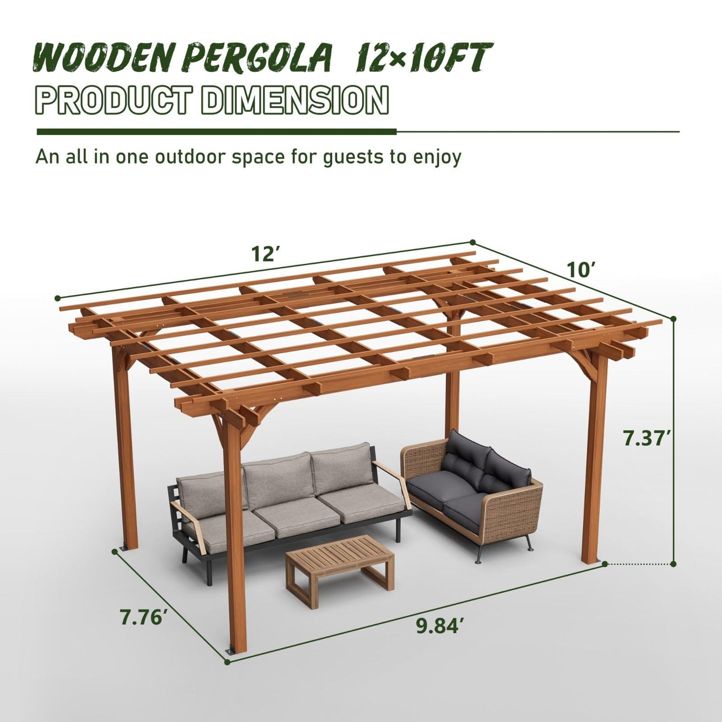 FRITHJILL 12x10FT Wooden Pergola with Slatted Roof Trellis, Fir Wood Outdoor Pergola for Climbing Plants & Vines, Waterproof Garden Arbor for Patio, Backyard, Deck