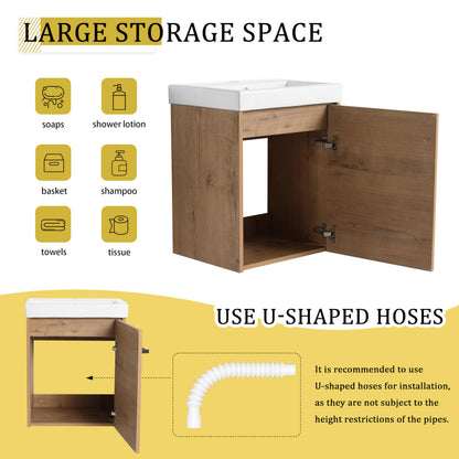 KEIKI 18'' Bathroom Vanity Cabinet with Sink, Wall Mounted Floating Bathroom Vanity with Soft-Close Cabinet Door, for Small Bathroom, Imitative Oak