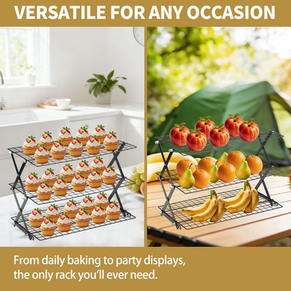 3-Tier Stackable Cooling Rack for Baking, Collapsible Wire Cookie Rack with Adjustable Heights, Non-Stick Roasting & Drying Rack for Cupcakes, Pies and Pastries, Space-Saving Kitchen Essential