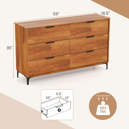 Giantex Wooden 6-Drawer Storage Cabinet w/Anti-Tip Kit & Sturdy Metal Legs, 59” Mid-Century Modern Storage Organizer for Hallway, Kitchen, Living Room, Entryway
