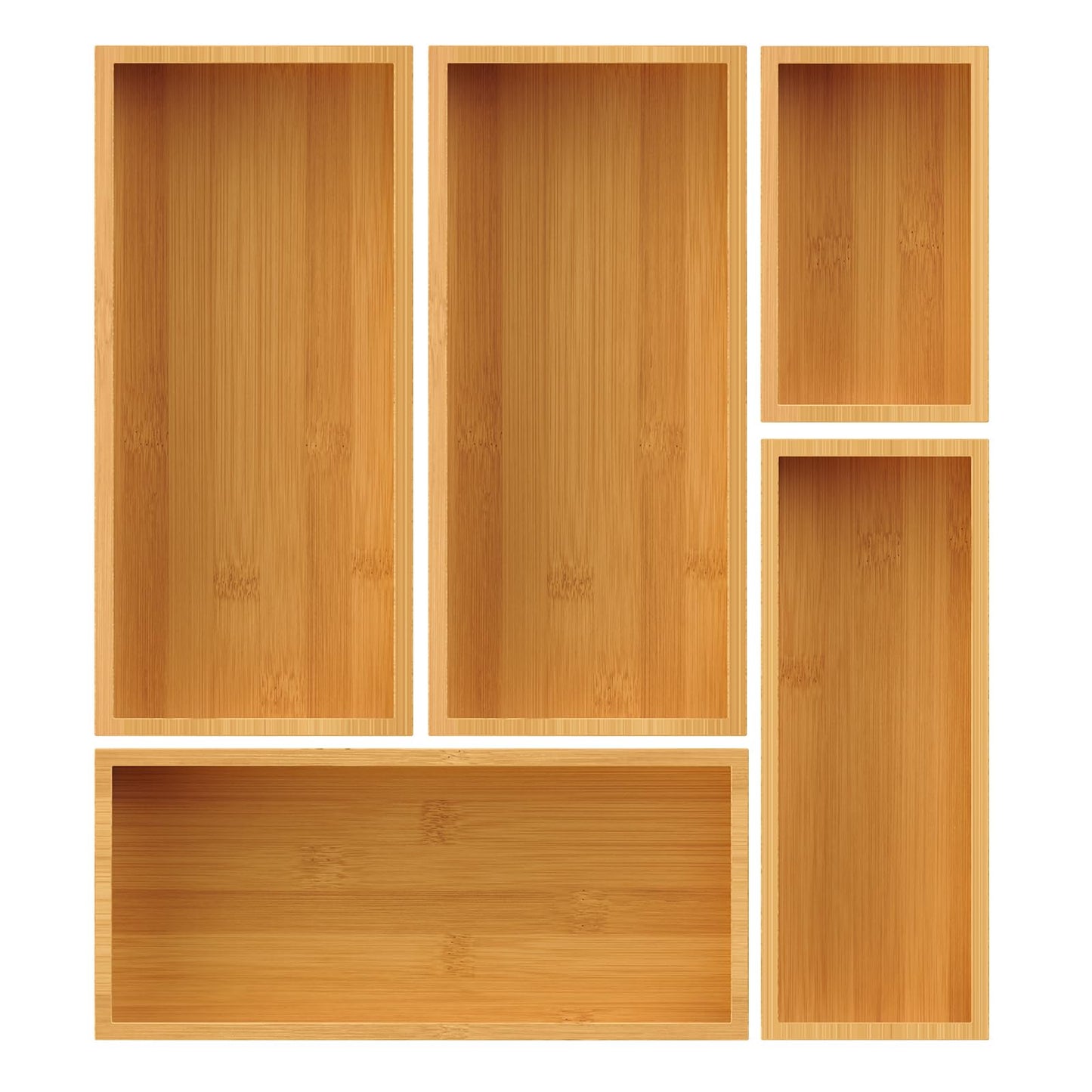 Bayting Bamboo Drawer Organizer Set, 5-Piece Storage Trays for Kitchen, Bathroom, Office Desk, Makeup & Junk Drawers,Utensils