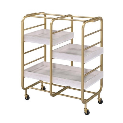 Adigyco Gold and White Washed Serving Cart with 3 Adjustable Trays