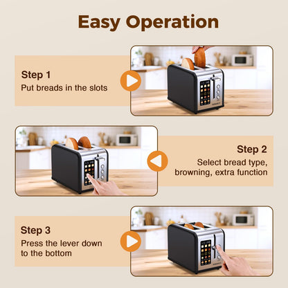 2 Slice Touch Screen Toaster Stainless Steel with Wide Slots, Even Toasting for Bagels & Bread, Defrost & Reheat, Easy Removable Crumb Tray, Matt Black