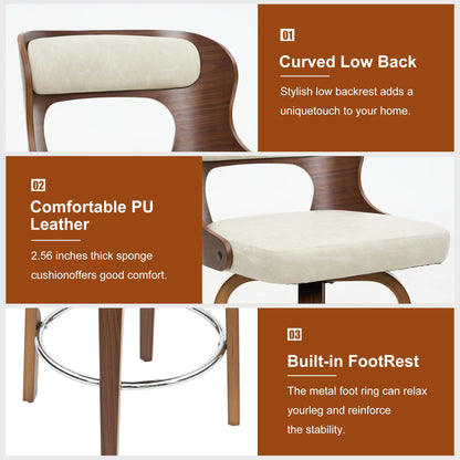 ClinQ Counter Height Bar Stools 26" Barstools with Bentwood Legs and Back, Faux Leather 360° Swivel Counter Stools, Mid Century Accent Bar Stools Set of 4 for Kitchen, Restaurant, Grey