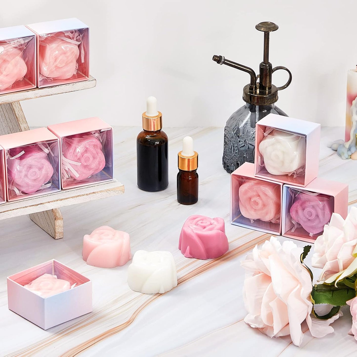 24 Loopeer Pcs Rose Soap Favors for Wedding Bridal Shower Mini Flower Shaped Scented Soap Guest Gift Bulk with Box