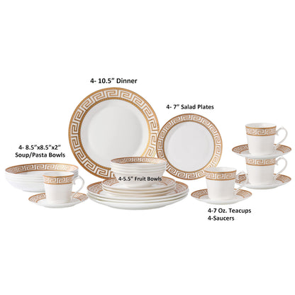 Lorren Home Trends 24 Piece Bone China Dinnerware Set with Gold Greek Key Design, Service for 4, White