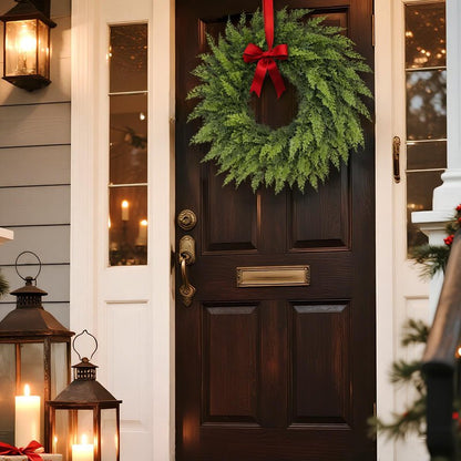 24" Soft Textured Christmas Cedar Wreath - Artificial Cedar Wreaths Faux Green Fake Pine Needles Wreath for Front Door, Wall, Windows, Home,Outdoor,Xmas Decor