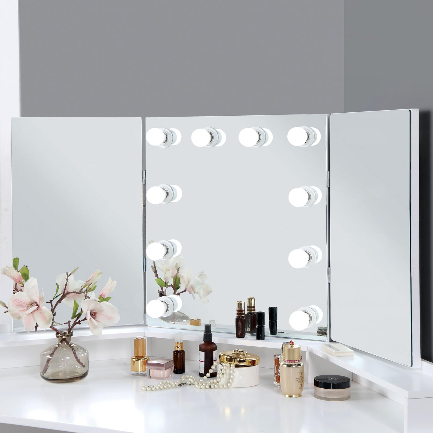 Furniture of America Sebastian Glam Solid Wood Vanity Set, Include Multiple Drawers Table and Mirror with 10 Bulbs for Bedroom, Dressing Room, Bathroom, Guest Room, White