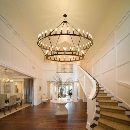 54-Lights 2 Tier Wagon Wheel Chandelier, 60" Large Chandeliers for High Ceilings, Round Black Chandeliers for Dining Room, Farmhouse Foyer Lighting Fixtures, for Living Room, Staircase, Entryway