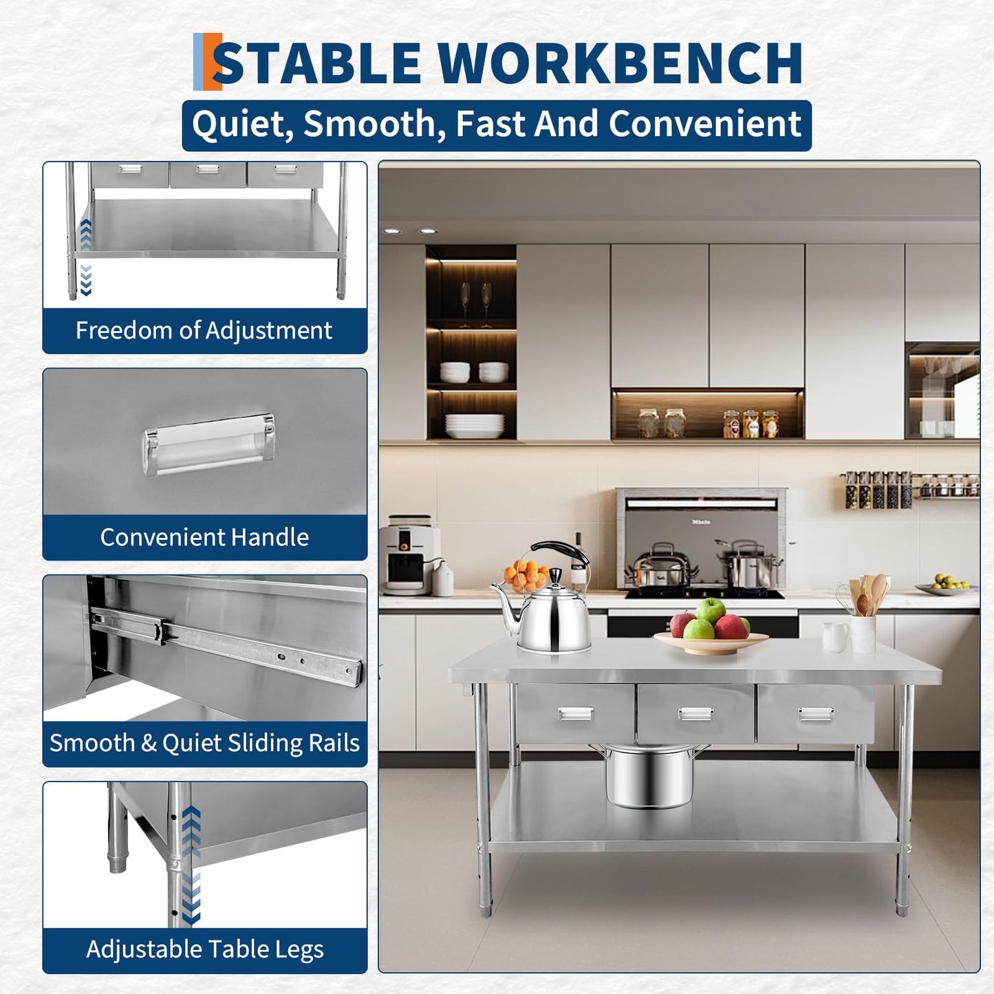 60" x 24" Stainless Steel Table with 3 Drawers, NSF Prep Table with Adjustable Undershelf & Paper Towel Holder, Heavy-Duty Food Prep Worktable for Commercial Kitchen Restaurant Garage Warehouse