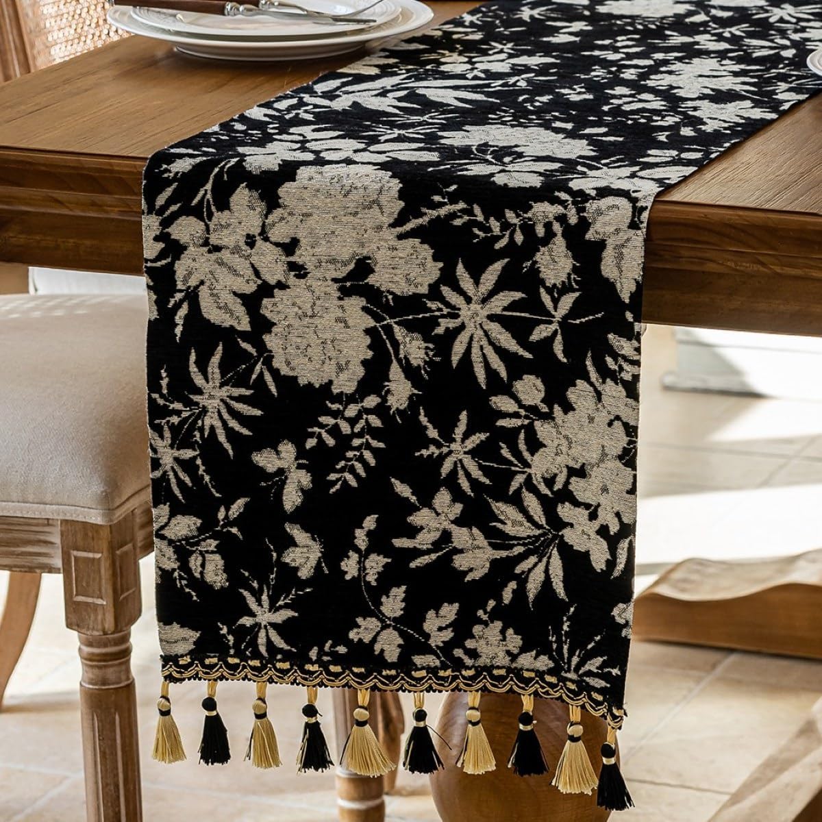 13 82 Inch Floral Jacquard Dining Table Runner with Fringe Elegant Natural End Table Runner for Graden Kitchen
