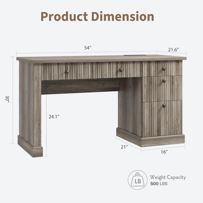 IDEALHOUSE Modern 54" Executive Office Desk with Fluted Details & Charging Station - Wooden Computer Desk with File Drawers, Home Office Storage Desk for Study, Living Room or Bedroom, Rustic Gray