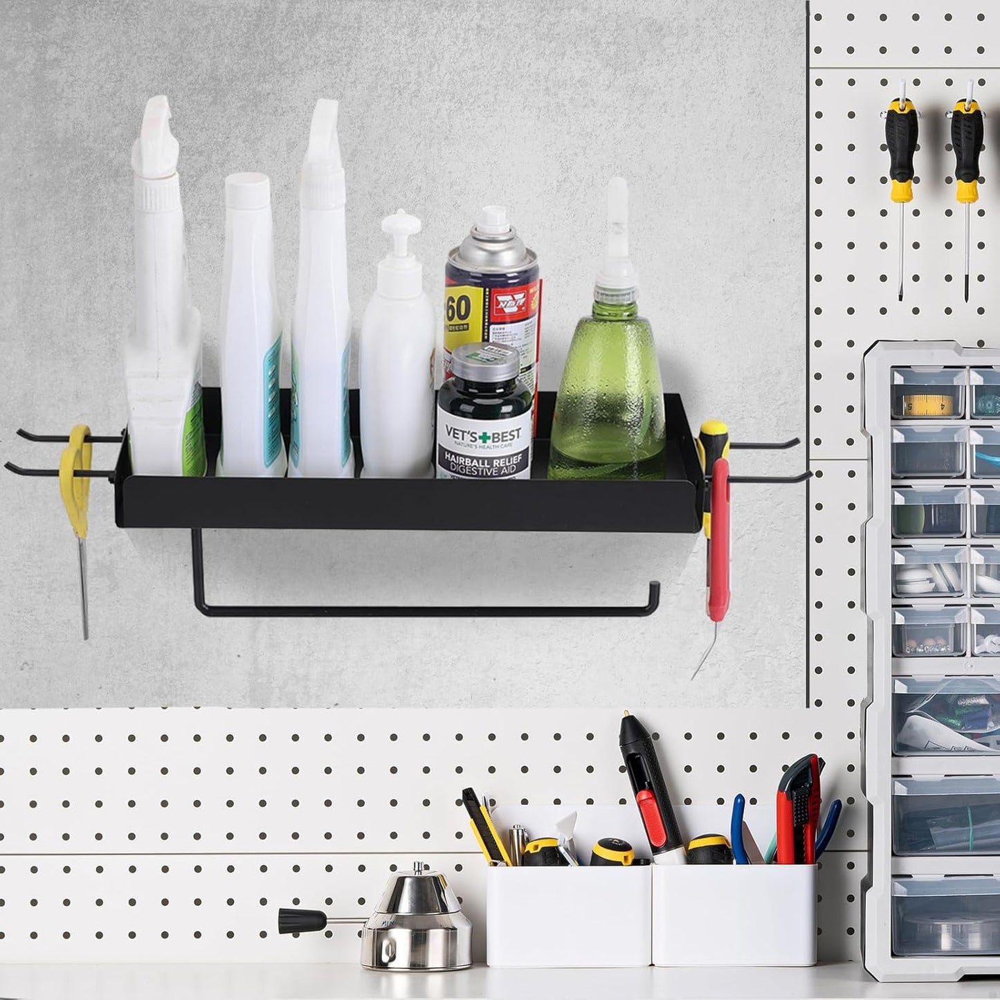 Tongyuyan 2 Garage Paper Towel Holder with Shelf & Detachable Hooks - Wall Mount Shop Towel Holder & Paper Towel Holder