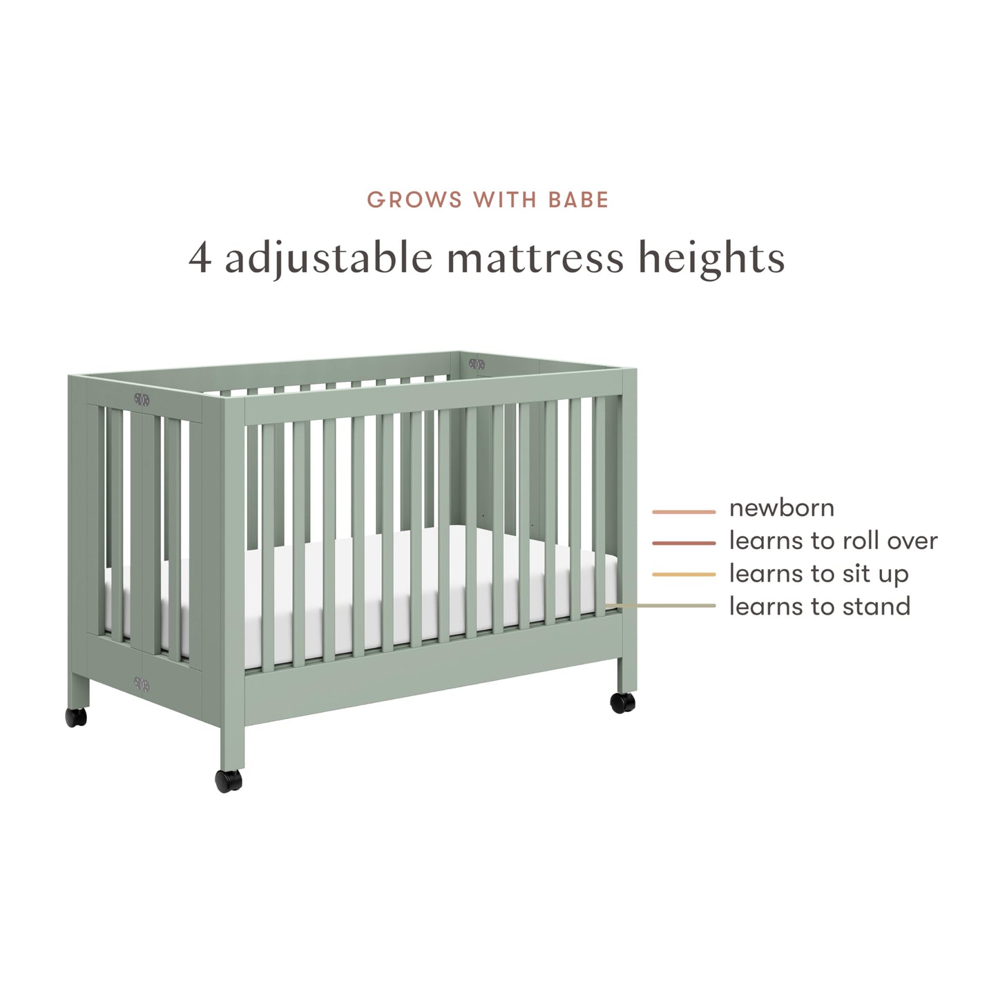Babyletto Maki Full-Size 2-in-1 Portable Folding Crib with Toddler Bed Conversion Kit in Light Sage, Greenguard Gold Certified