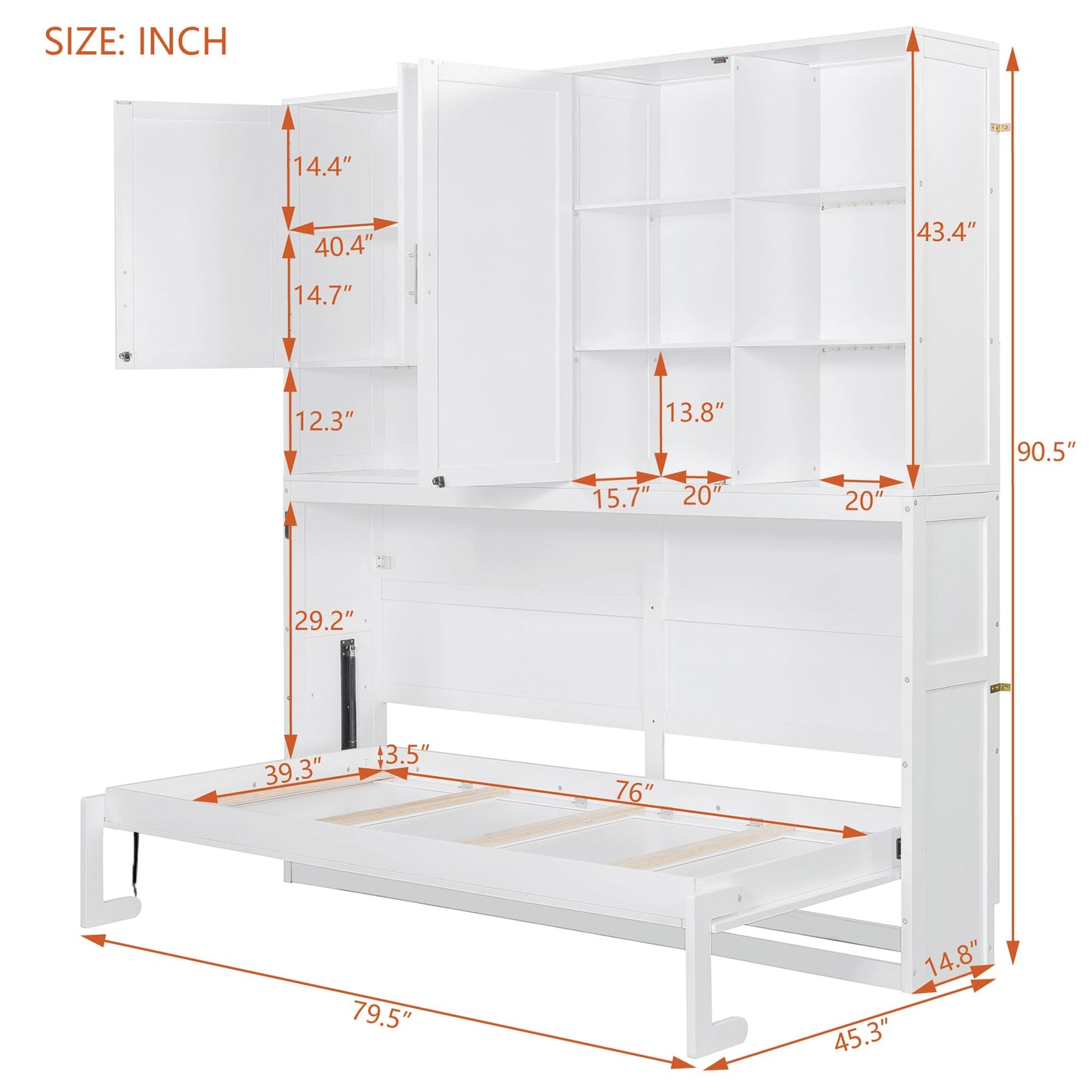DNYN Twin Size Murphy Bed with Top Cabinets and LED for Bedroom/Guest/Study Room, Foldable Wall Bed Frame with USB and Storage Shelves, Space-Saving & No Box Spring Needed