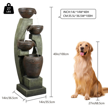 Naturefalls 40" Tall Outdoor Water Fountain and Waterfalls - Large Garden Fountain with LED Lights, 4-Tier Crocks, Indoor and Outdoor Fountains for Garden, Patio, Deck, Porch, Backyard and Home, Gray