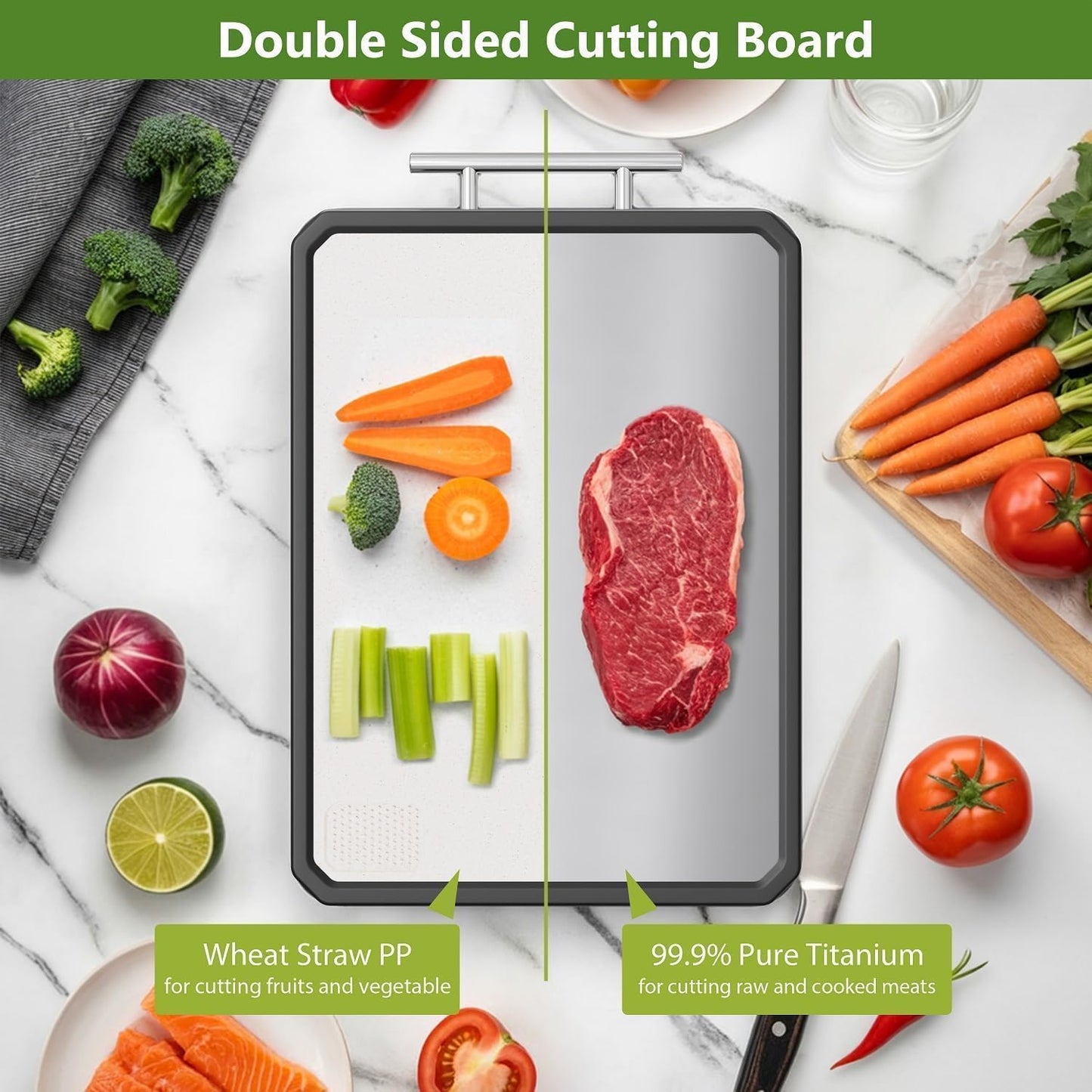 SSMR Titanium Cutting Board - 100% Pure Titanium Cutting Boards for Kitchen Double Sided Textured Food-Grade Pure Titanium Side for Chopping Meat, PP Side for Vegetables, Easy to Clean (16" x 11" in)