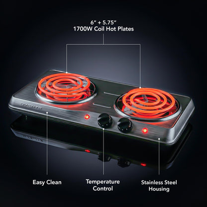 OVENTE Electric Countertop Double Burner, 1700W Cooktop with 6" and 5.75" Stainless Steel Coil Hot Plates, 5 Level Temperature Control, Indicator Lights and Easy to Clean Cooking Stove, Silver BGC102S