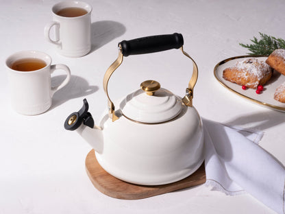 Le Creuset Enamel on Steel Whistling Kettle with Gold Finishes, 1.7 qt., White